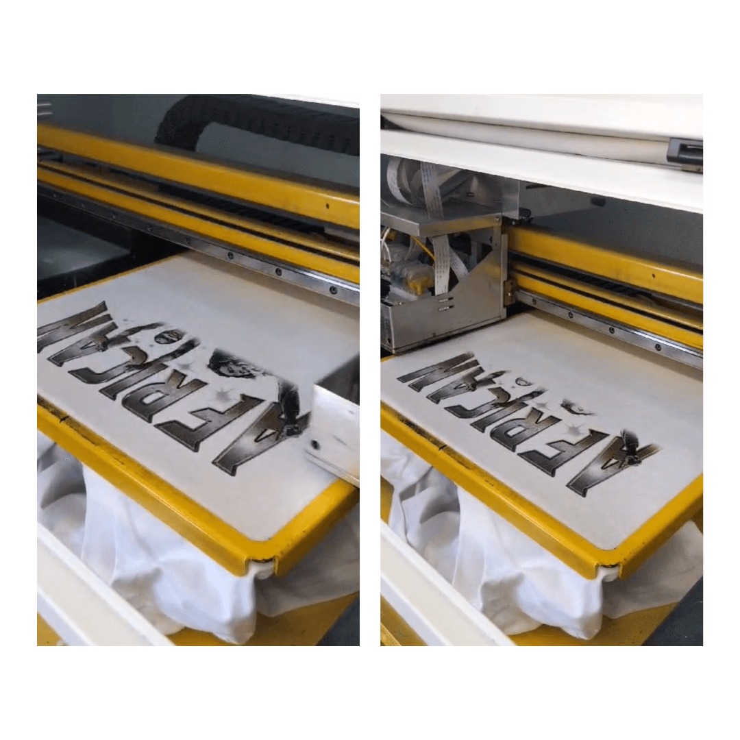 Direct-to-garment printer printing artwork onto white T-shirts