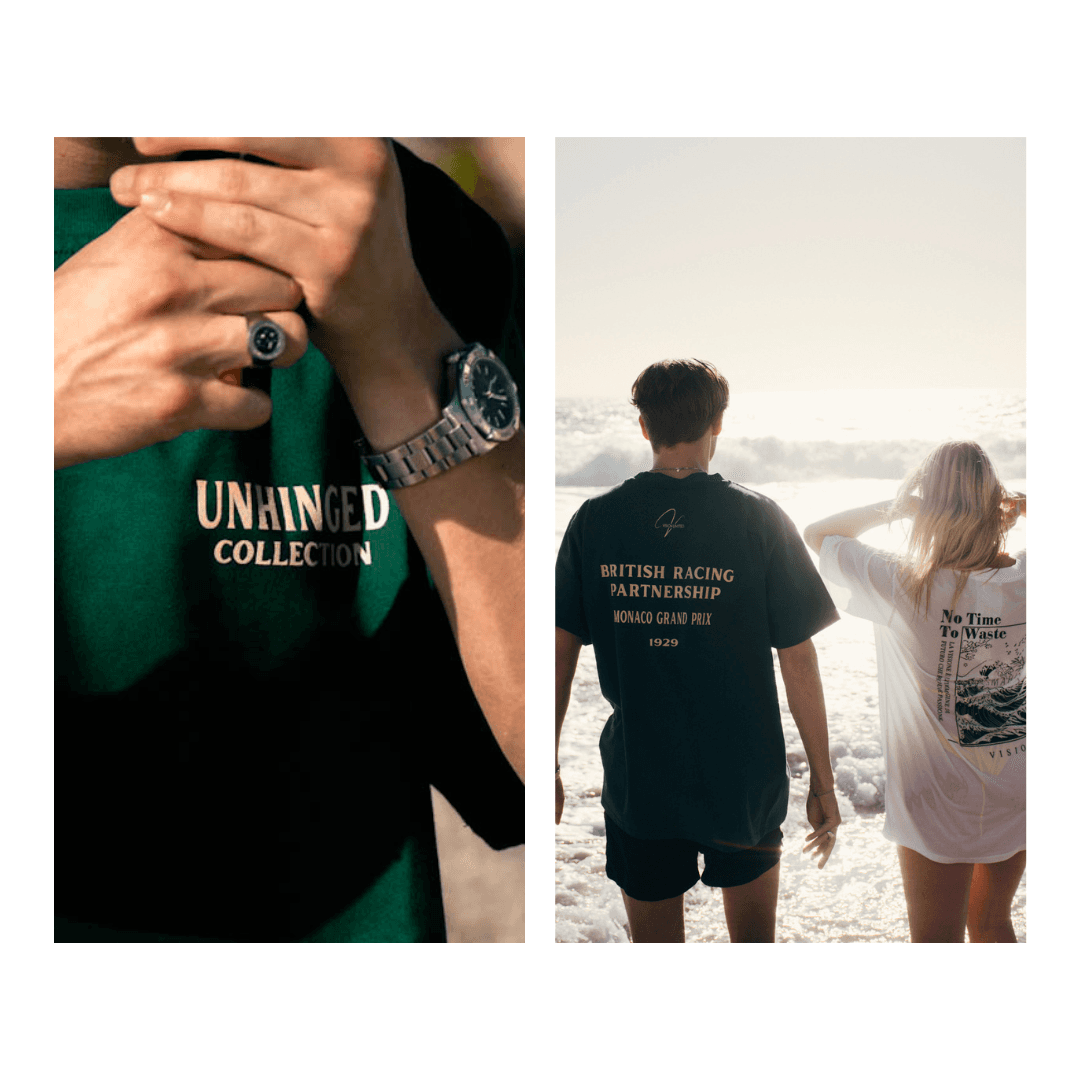 Green T-shirts with silkscreen-printed chest branding