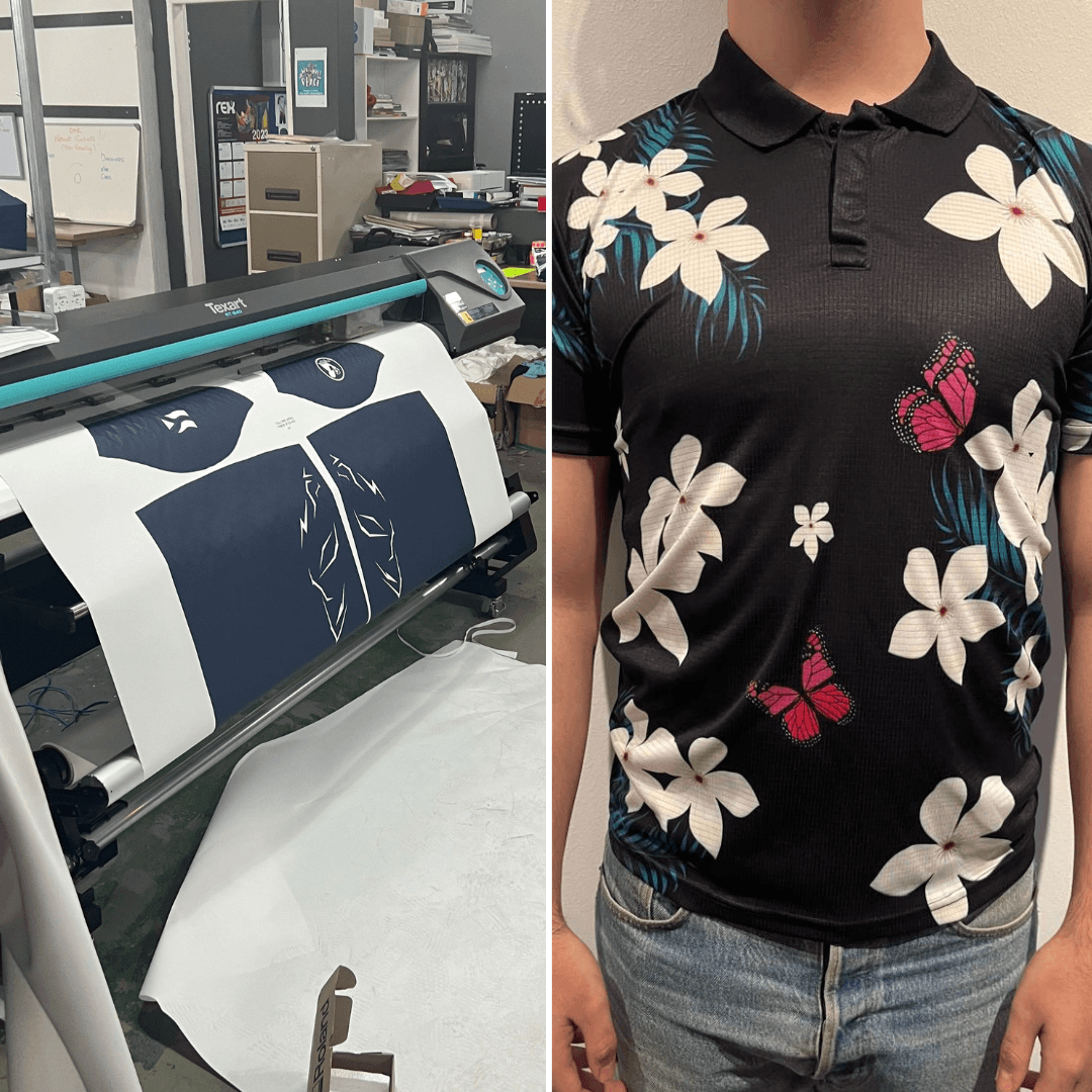 Wide-format sublimation printer beside a fully sublimated floral golf shirt