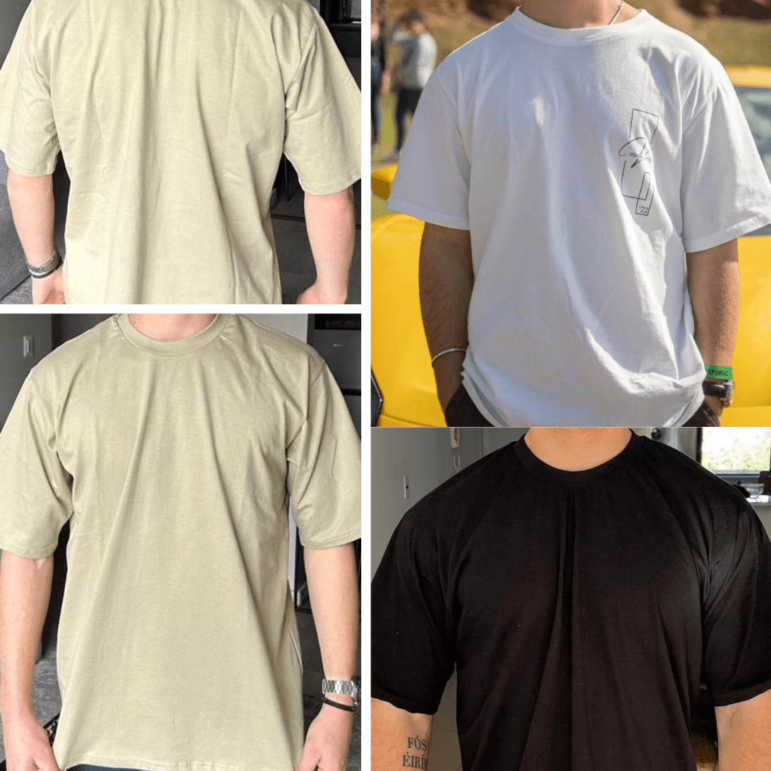 Locally manufactured oversized cotton T-shirts in sand, white and black