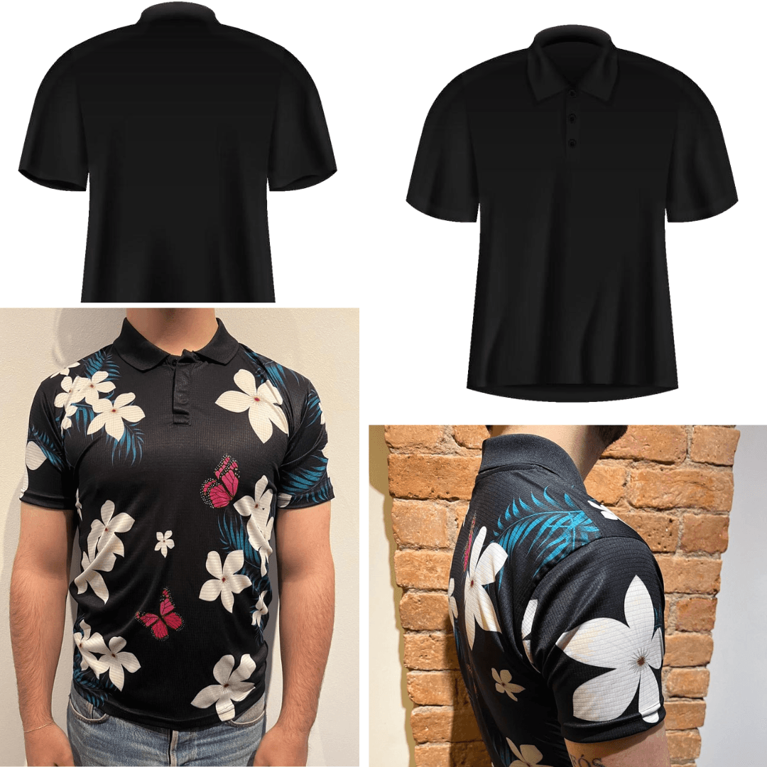 Black polo golfers alongside a floral sublimated golf shirt