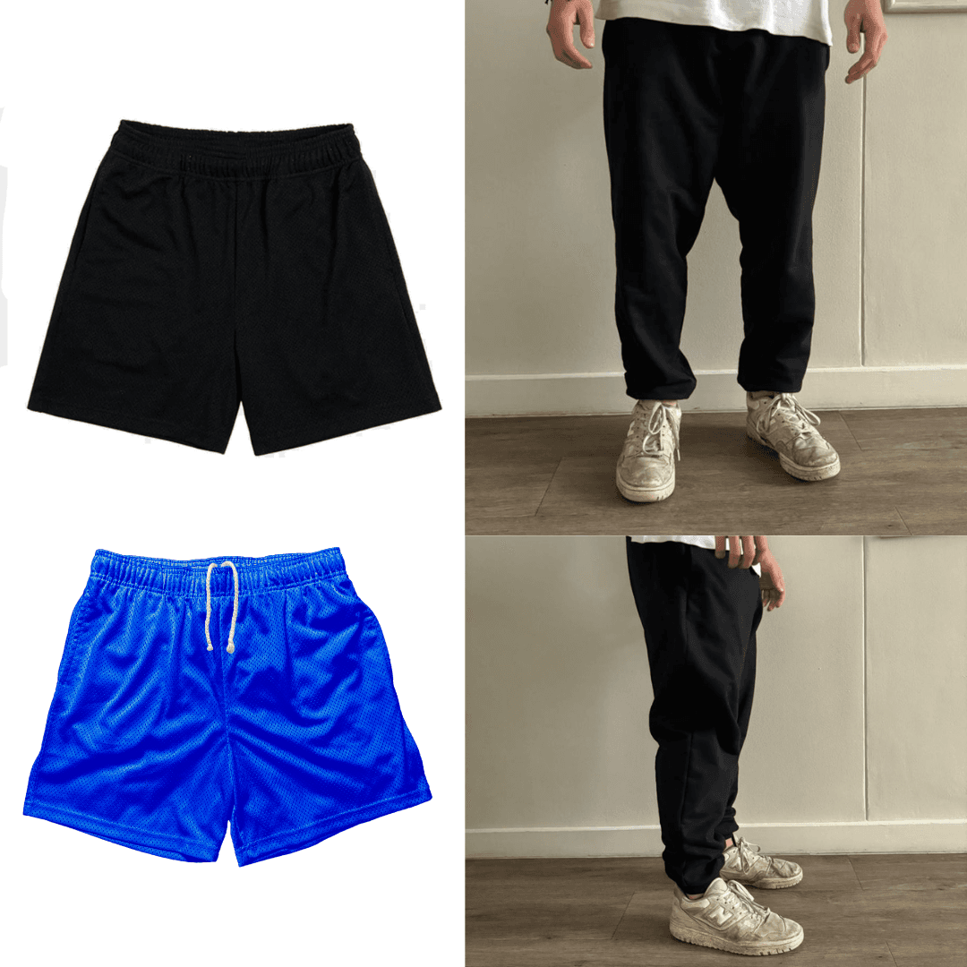 Black and blue shorts alongside black brushed cotton fleece sweatpants