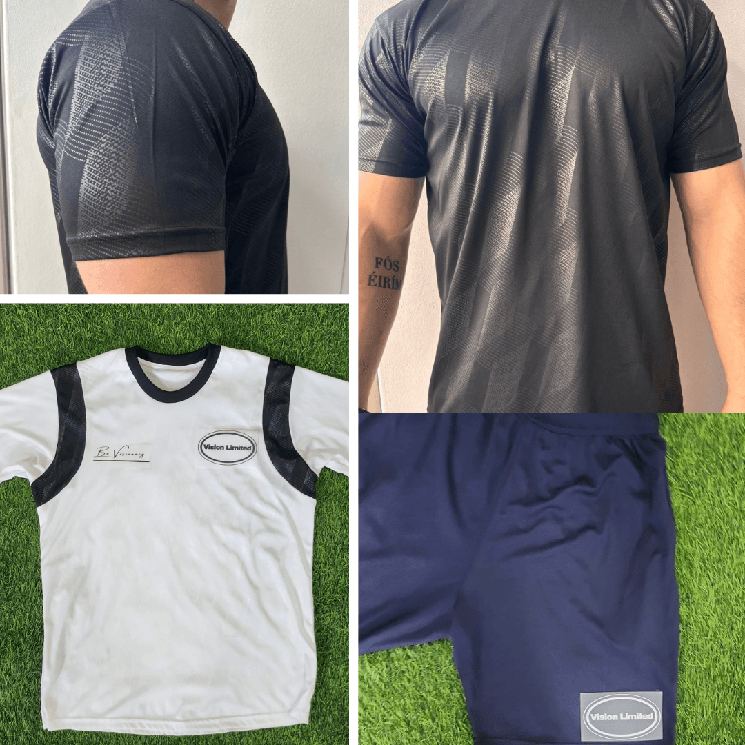 Grey birdseye polyester training tops, a ringer tee and navy shorts