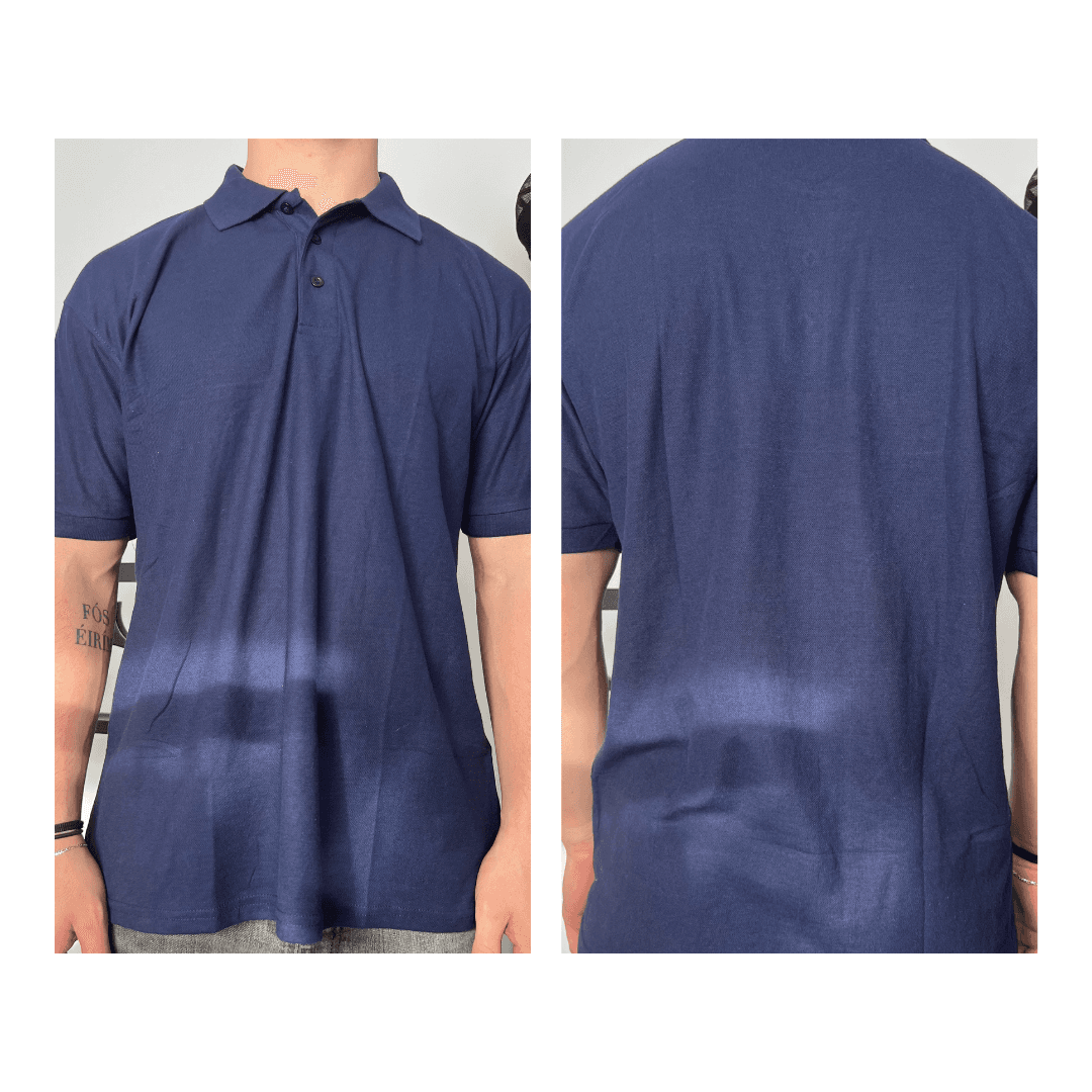 Navy imported poly-cotton golf shirt shown front and back