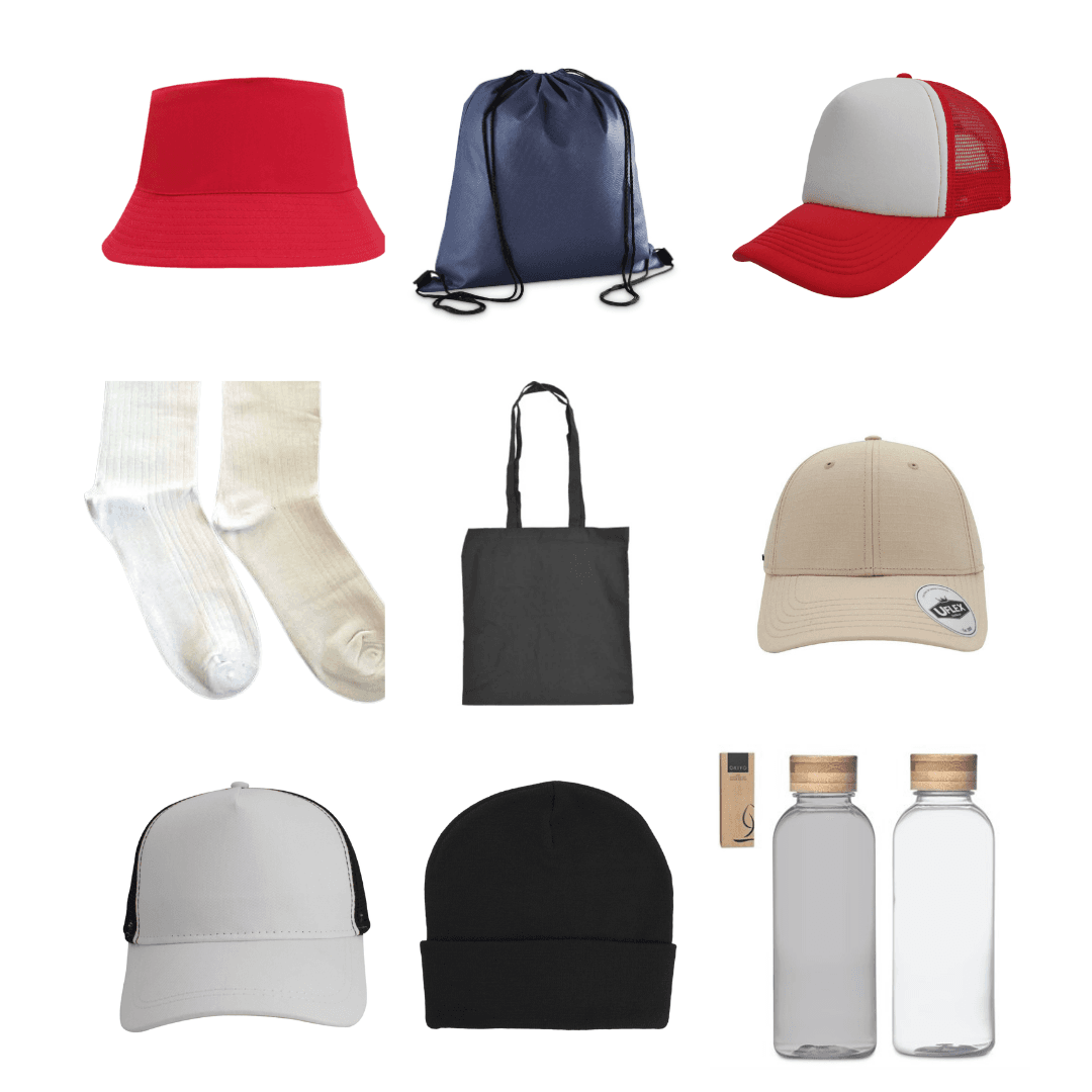 Bucket hats, trucker caps, beanies, tote bags, socks and drinkware